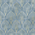 Feathercrest Wedgwood blue velvet fabric flat image with decorative Art Deco fan repeat
