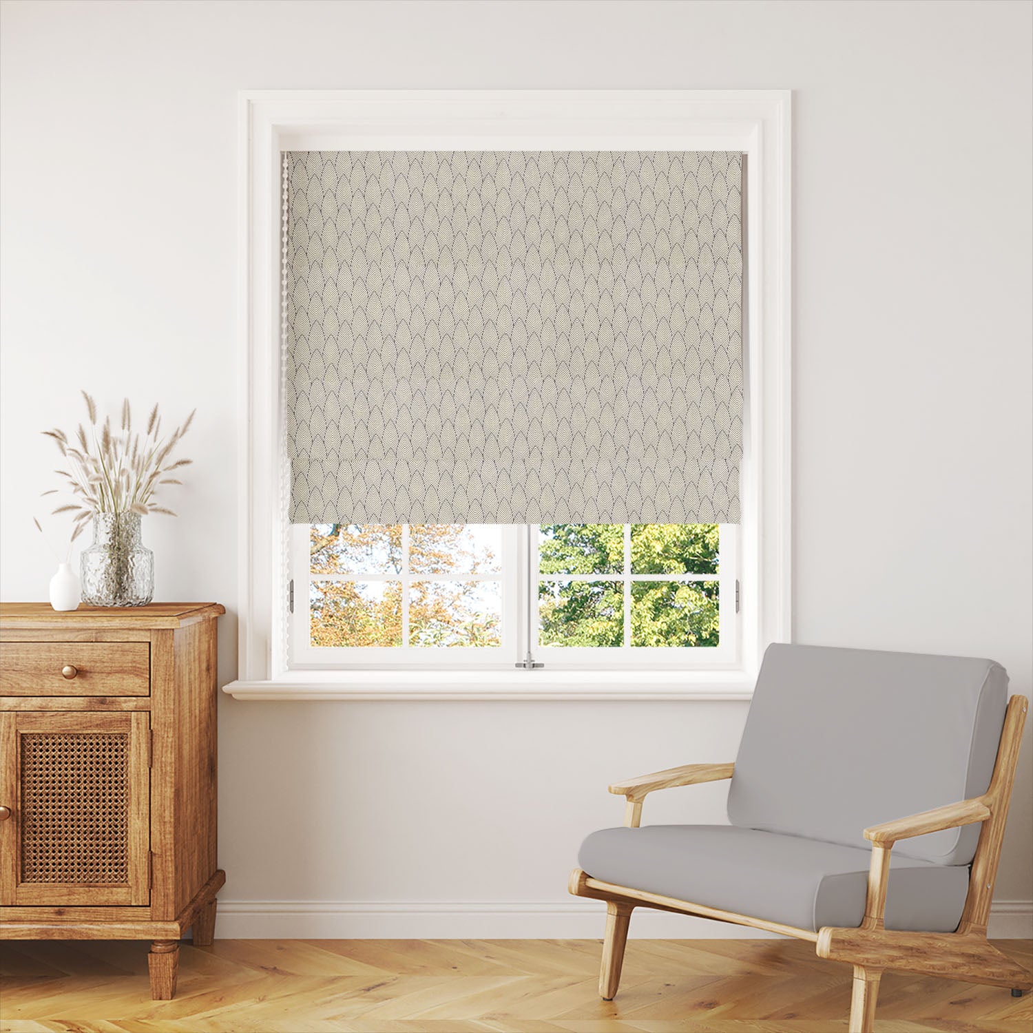 roman blind in noir feather curtain fabric with structured plume pattern in a modern interior