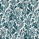 Deep teal William Morris inspired velvet upholstery fabric with a flowing botanical leaf pattern