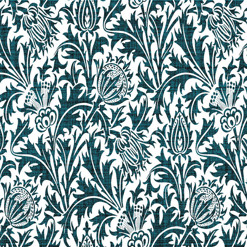 Deep teal William Morris inspired velvet upholstery fabric with a flowing botanical leaf pattern