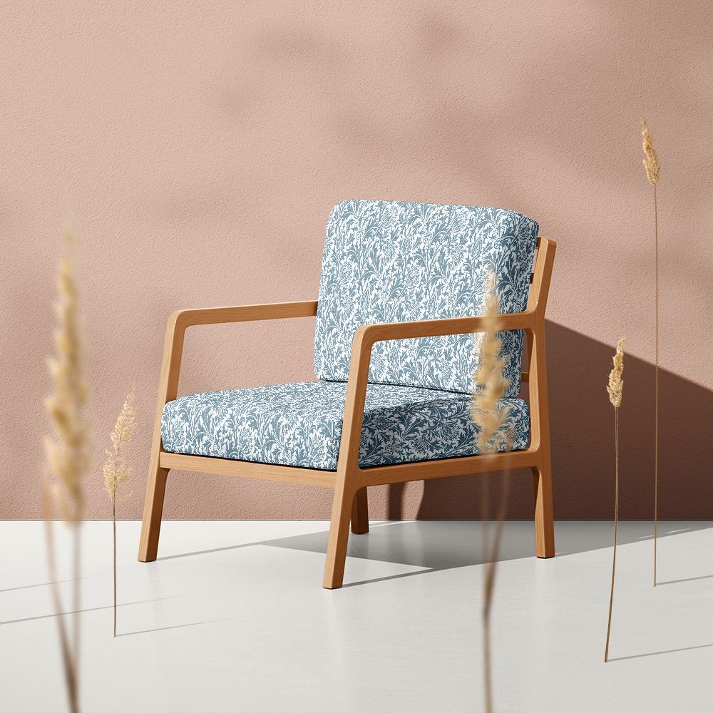 Wedgwood Feuille fire retardant velvet upholstery fabric on a classic armchair