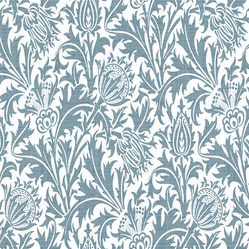Wedgwood blue William Morris inspired velvet upholstery fabric with a botanical pattern