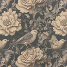 Finchley linen bird fabric close up showing detailed floral illustration and songbird pattern on charcoal base