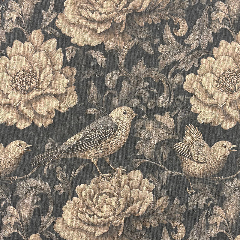 Finchley linen bird fabric close up showing detailed floral illustration and songbird pattern on charcoal base