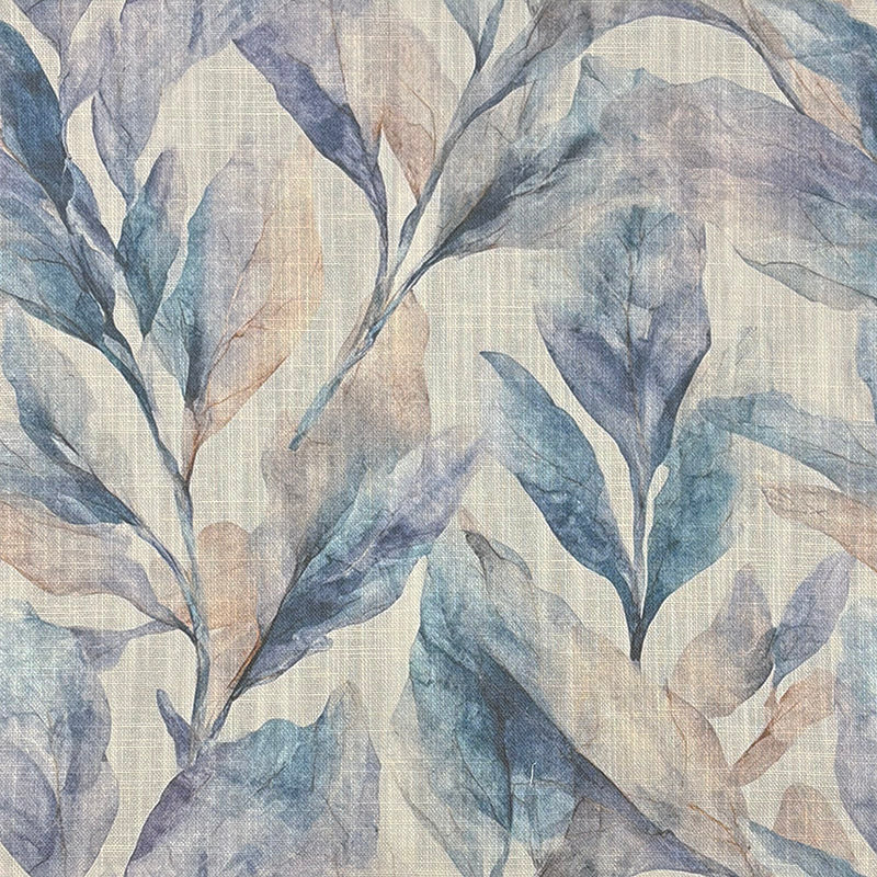 Florence leaf curtain fabric in soft blue and taupe tones – flat fabric close-up