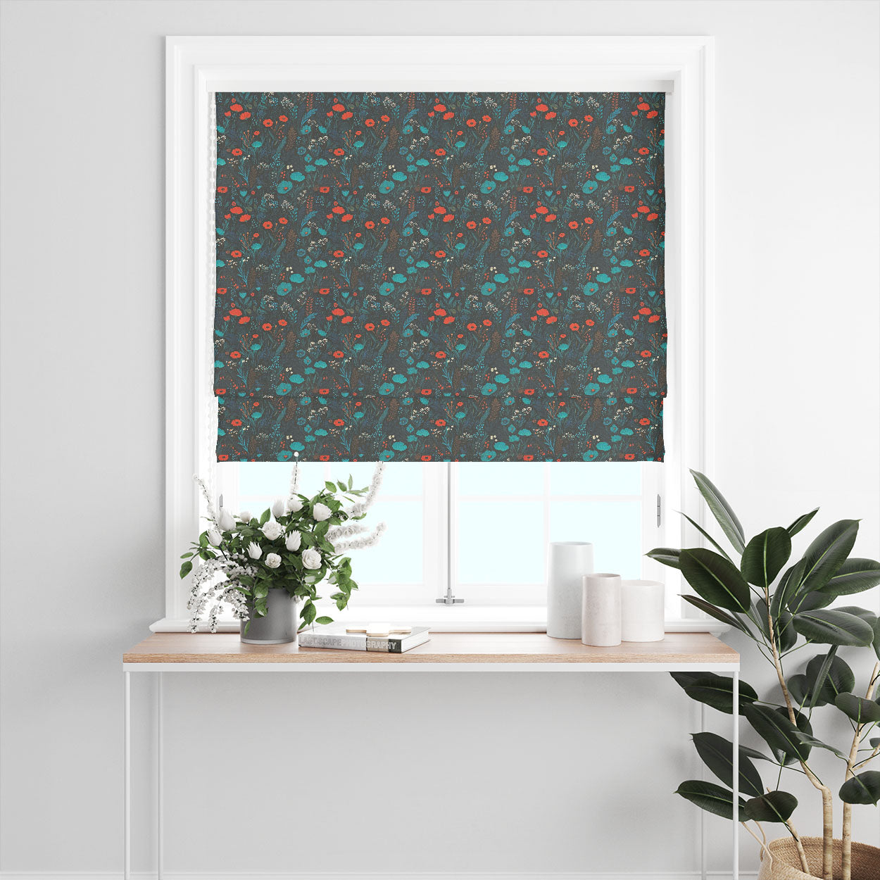 Folk Pattern Curtain Fabric teal Roman blind – printed cotton Scandinavian floral curtain fabric