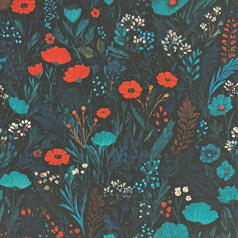 Folk Pattern Curtain Fabric in teal – cotton printed Scandinavian folk floral design