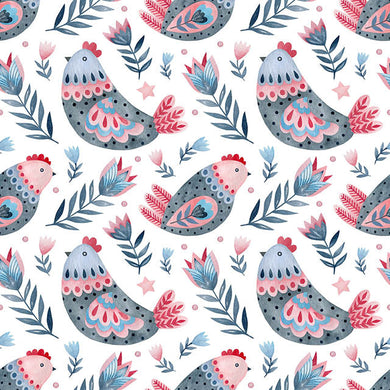 Folk Chickens Cotton Curtain Fabric - Grey