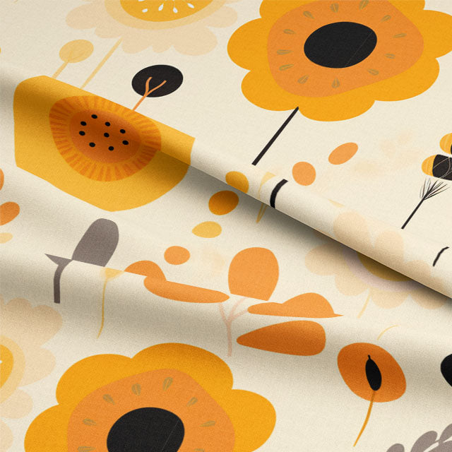 Folk Daisy Cotton Curtain Fabric - Mustard
