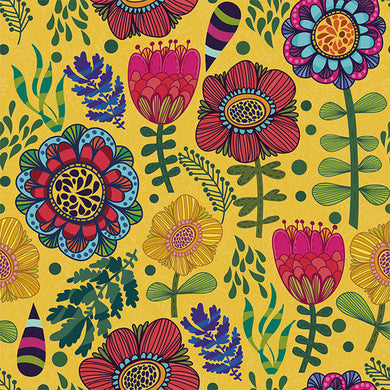 Folk Flowers Cotton Curtain Fabric - Ochre