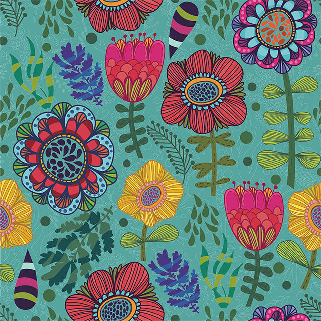Folk Flowers Cotton Curtain Fabric - Teal
