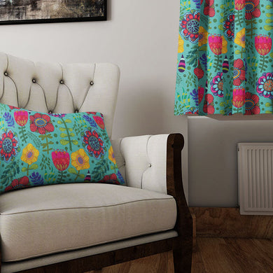 Elegant teal curtain fabric with delicate folk flower illustrations