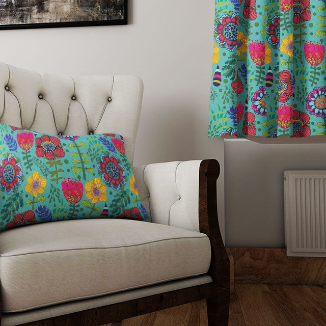 Elegant teal curtain fabric with delicate folk flower illustrations
