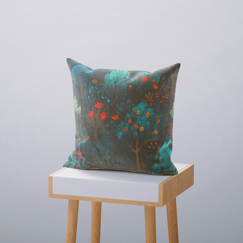 Decorative cushion made with folk-style cotton curtain fabric featuring scenic trees and florals in green and red.