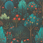 Flat detail of folk-inspired green cotton curtain fabric with woodland trees and red flowers.