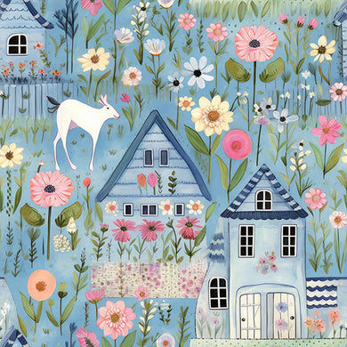 Folk House Cotton Curtain Fabric - Blue 