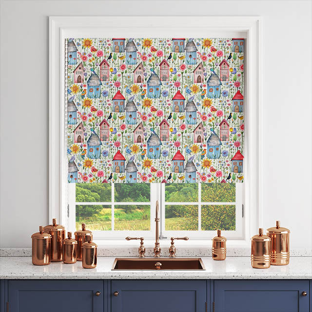 Multicolored fabric with intricate folk house design for curtains