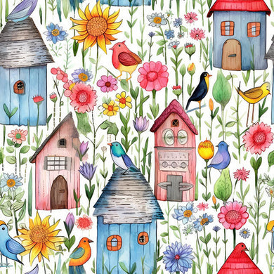 Folk House Cotton Curtain Fabric - Multi