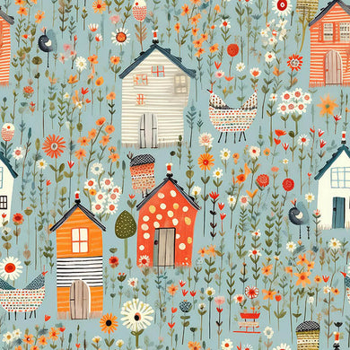 Folk House Linen Curtain Fabric in Orange – flat lay showing whimsical houses and flowers