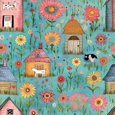 Folk House Cotton Curtain Fabric - Teal