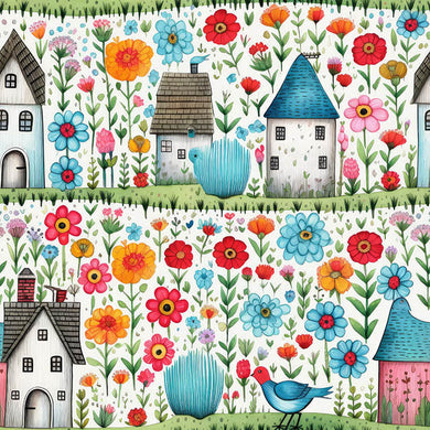 Folk House Cotton Curtain Fabric - White
