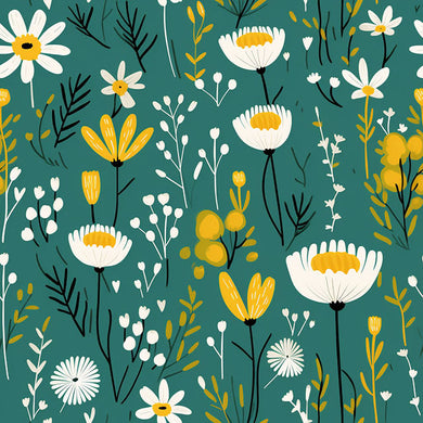 Folk Meadow Cotton Curtain Fabric Sample - Teal