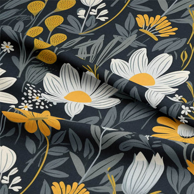 Folk Pasture Cotton Curtain Fabric - Ochre