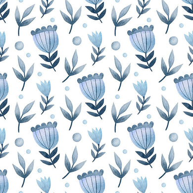 Folk Stem Cotton Curtain Fabric - Blue