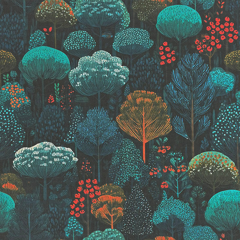 Leaf pattern curtain fabric in teal – cotton printed folk woodland tree design