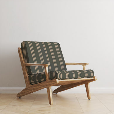 Foxwolde Striped Upholstery Fabric in Fennel – green striped fabric upholstered on accent chair