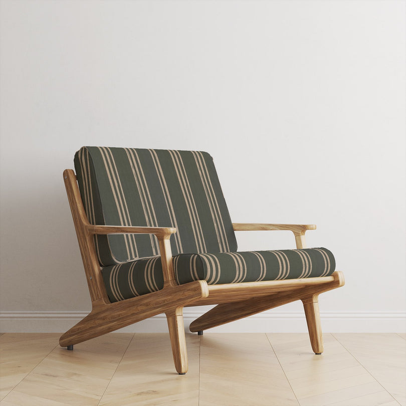 Foxwolde Striped Upholstery Fabric in Fennel – green striped fabric upholstered on accent chair