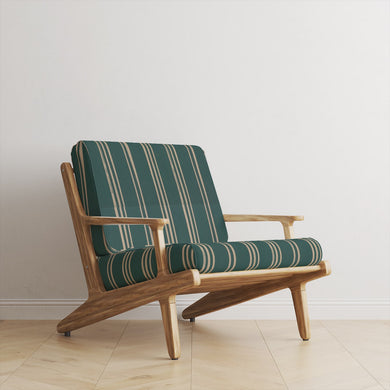 Foxwolde Striped Upholstery Fabric in Teal – teal stripe fabric upholstered on feature chair