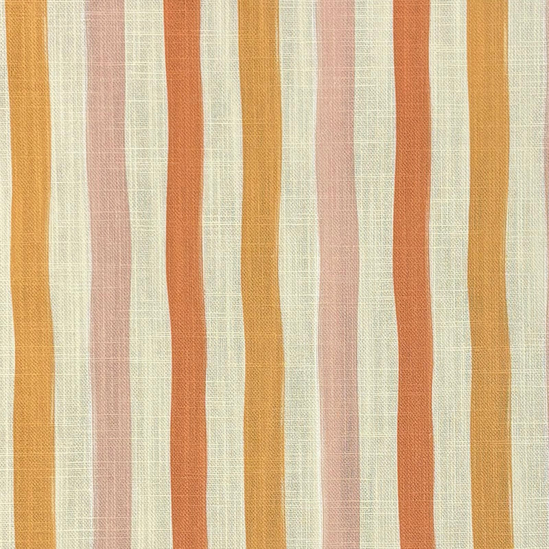 Flat lay image of Fremont Apricot striped curtain fabric in warm red, orange, and taupe linen.