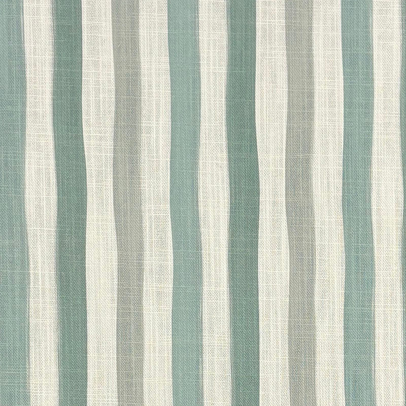 Flat lay image of Fremont Duck Egg striped curtain fabric in soft aqua, ivory, and grey tones.