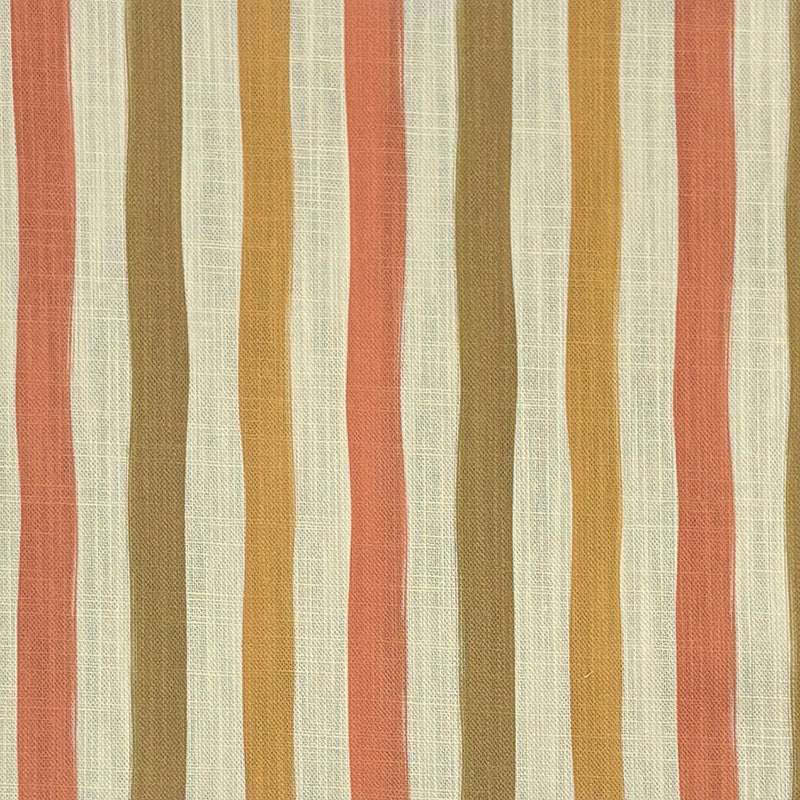 Flat lay image of Fremont Golden striped curtain fabric with ochre, orange, and neutral stripes.