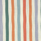 Flat lay image of Fremont Multi striped curtain fabric with bold stripes in blue, ochre, and orange.