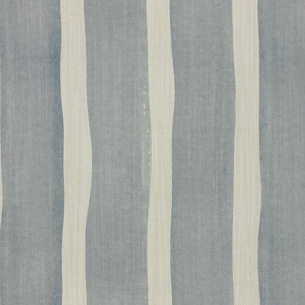 Flat image of Fresno Stripe Ice linen curtain fabric with soft blue and off-white painterly vertical stripes