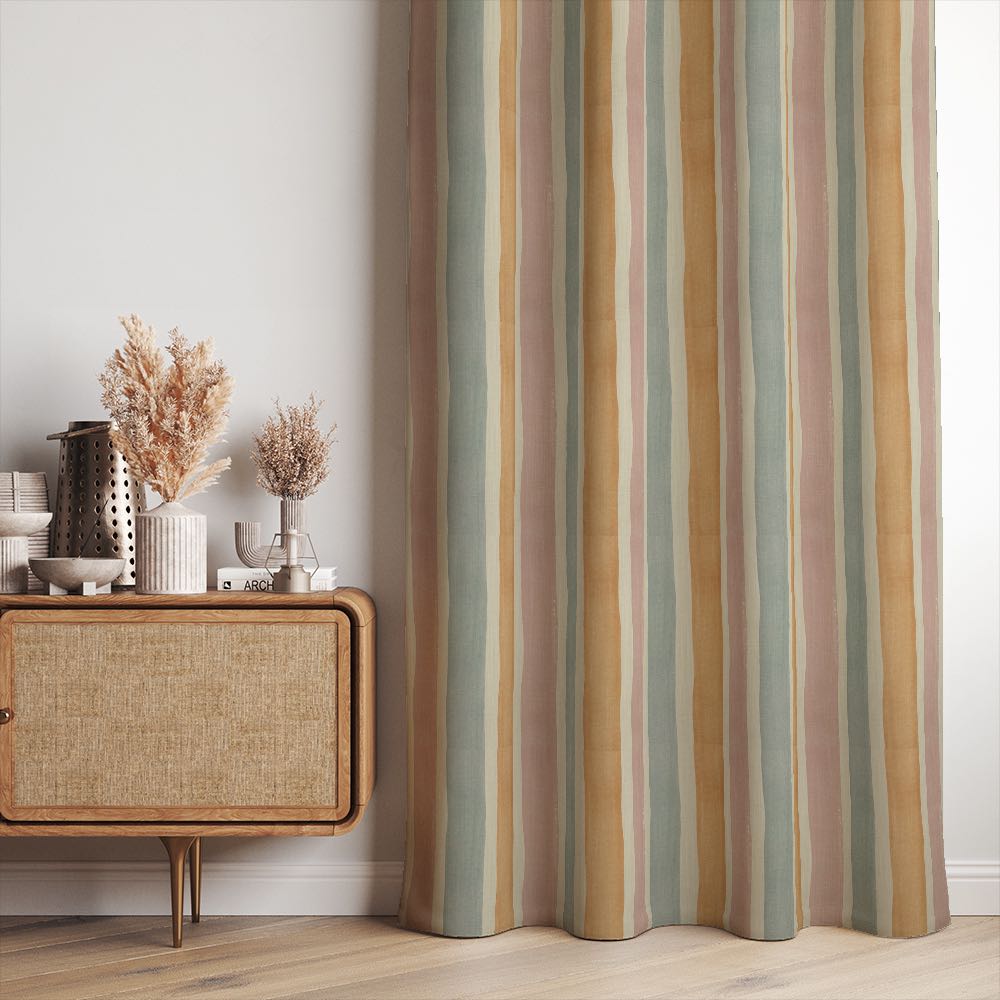 Fresno Stripe Pastel linen curtain fabric made into curtains featuring peach, lilac, and minty tones in a soft, feminine interior