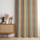 Fresno Stripe Pastel linen curtain fabric made into curtains featuring peach, lilac, and minty tones in a soft, feminine interior