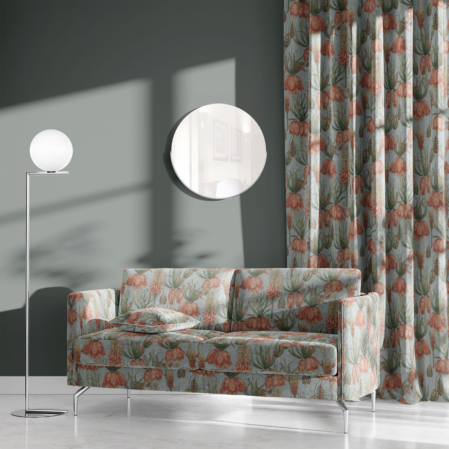 Fritillaria Duck Egg velvet upholstery fabric – sofa and curtain set in botanical floral velvet