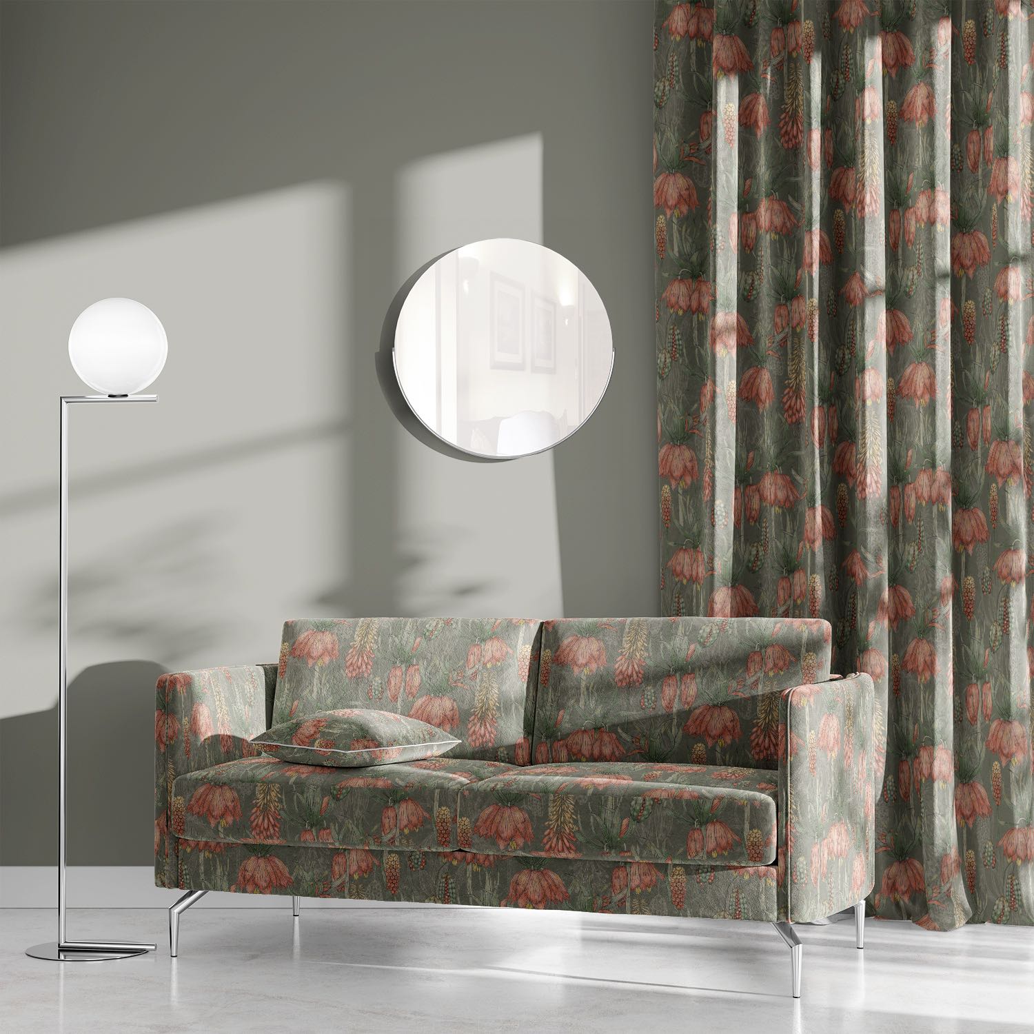 Fritillaria Dusk velvet upholstery fabric – sofa and curtain set in botanical floral velvet