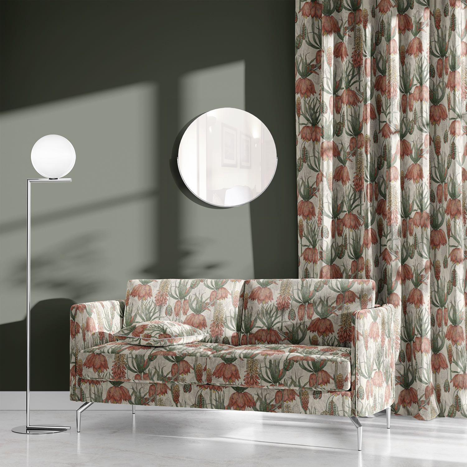 Fritillaria Ivory velvet upholstery fabric – sofa and curtain set in botanical floral velvet