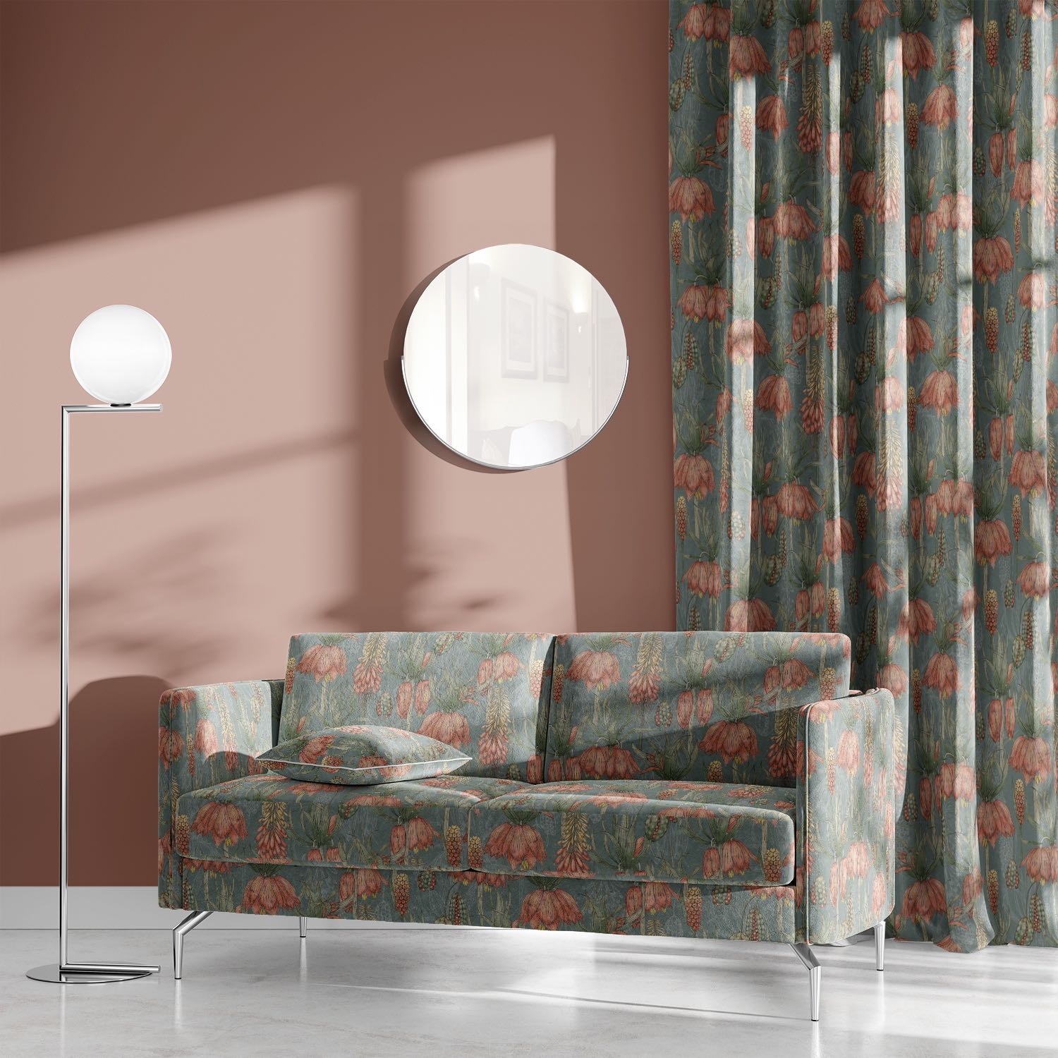 Fritillaria Teal Mist velvet upholstery fabric – sofa and curtain set in botanical floral velvet