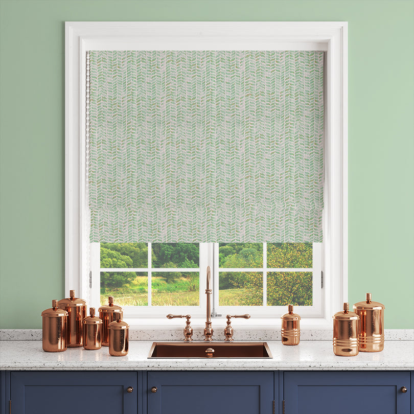 Garston Olive Blind — Roman blind made from Olive Garston curtain fabric with green chevron print