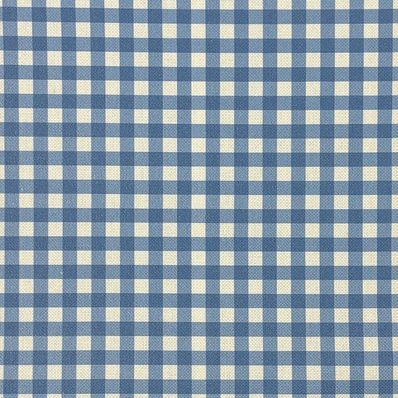 Flat lay image showing blue gingham check upholstery fabric in close-up detail.
