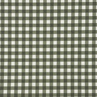 Close-up flat image of green gingham check upholstery fabric with printed pattern detail.