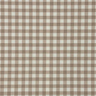 Flat lay photo of taupe gingham check upholstery fabric showing printed check design.