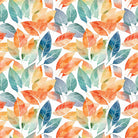 Gisburn multicoloured leaf curtain fabric with orange, teal, green and blue watercolour foliage on white