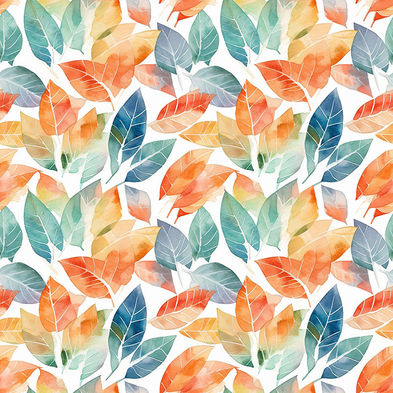 Gisburn multicoloured leaf curtain fabric with orange, teal, green and blue watercolour foliage on white