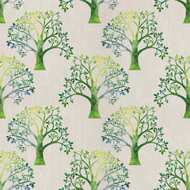 Green linen curtain fabric with grand tree pattern, perfect for natural-themed interior designs